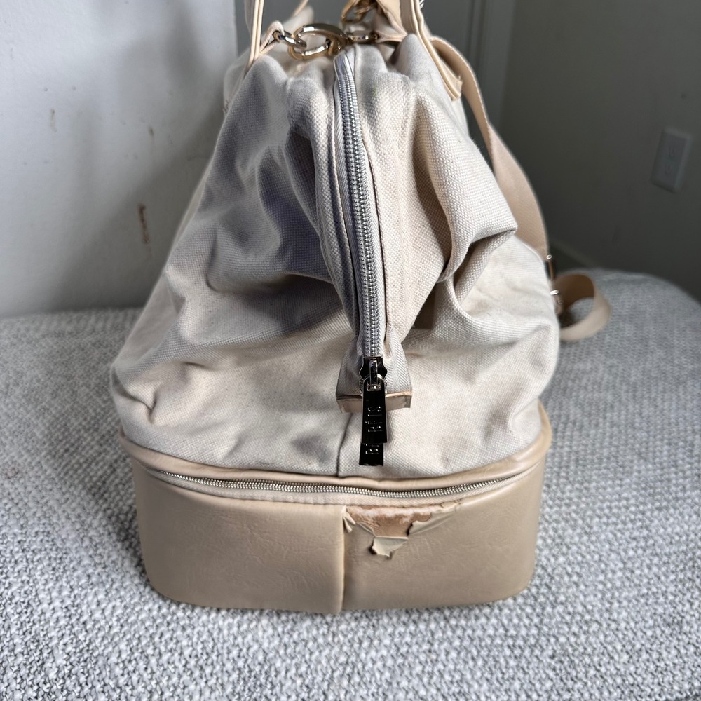 BEIS The Weekender Bag Beige Canvas Faux Leather Travel Tote Shoe Compartme - Picture 6 of 11